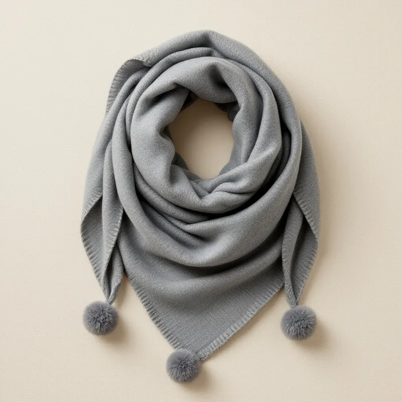 Illustration of a grey cashmere triangle scarf with pompoms