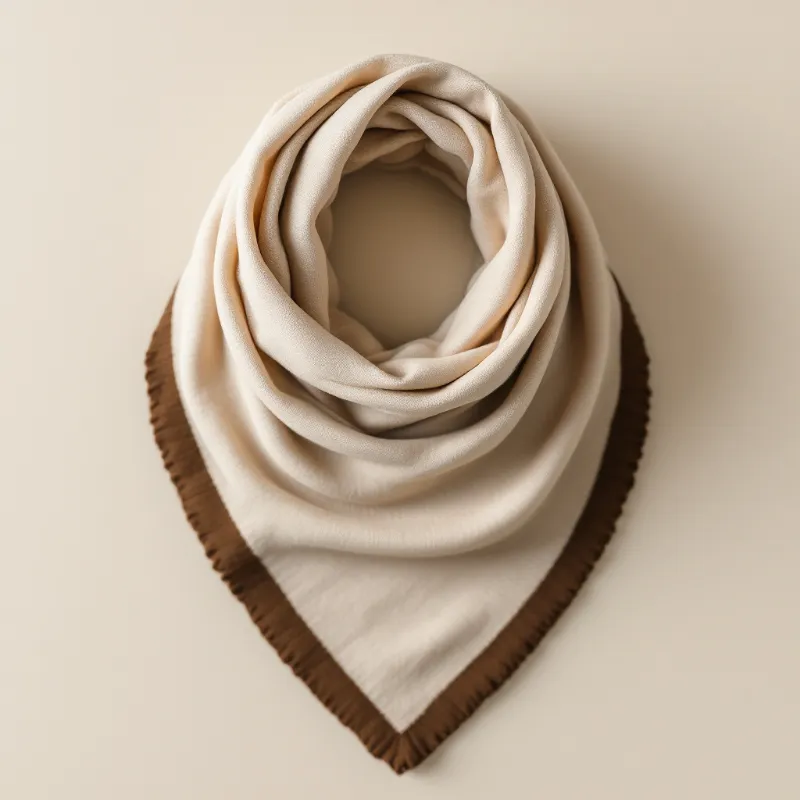 Illustration of a beige knit triangle scarf with brown edging